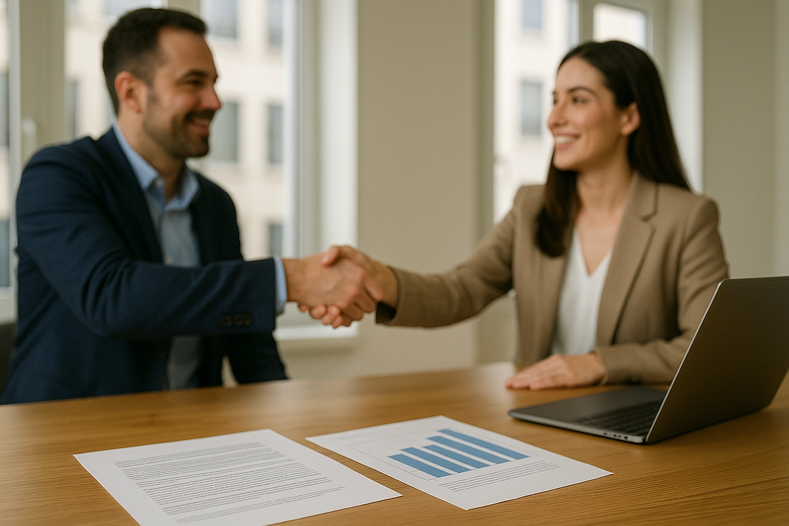Fotografía realista de dos profesionales estrechando manos en una reunión de ventas exitosa, con gráficos de crecimiento y laptop sobre la mesa, simbolizando más oportunidades y mejor cierre comercial.